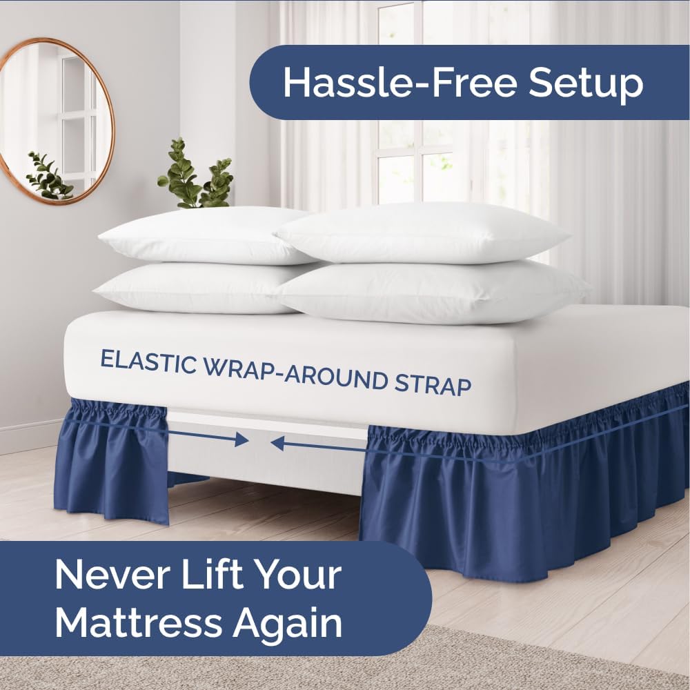 CGK Unlimited Wrap Around Dust Ruffle Bed Skirt Set - Navy Blue