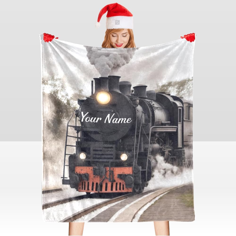 Custom Blanket with Name Text Personalized Retro Steam Train Fleece Throw