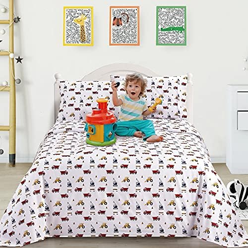 Viviland 4-Piece Boys Truck Bed Sheet Set - White Microfiber