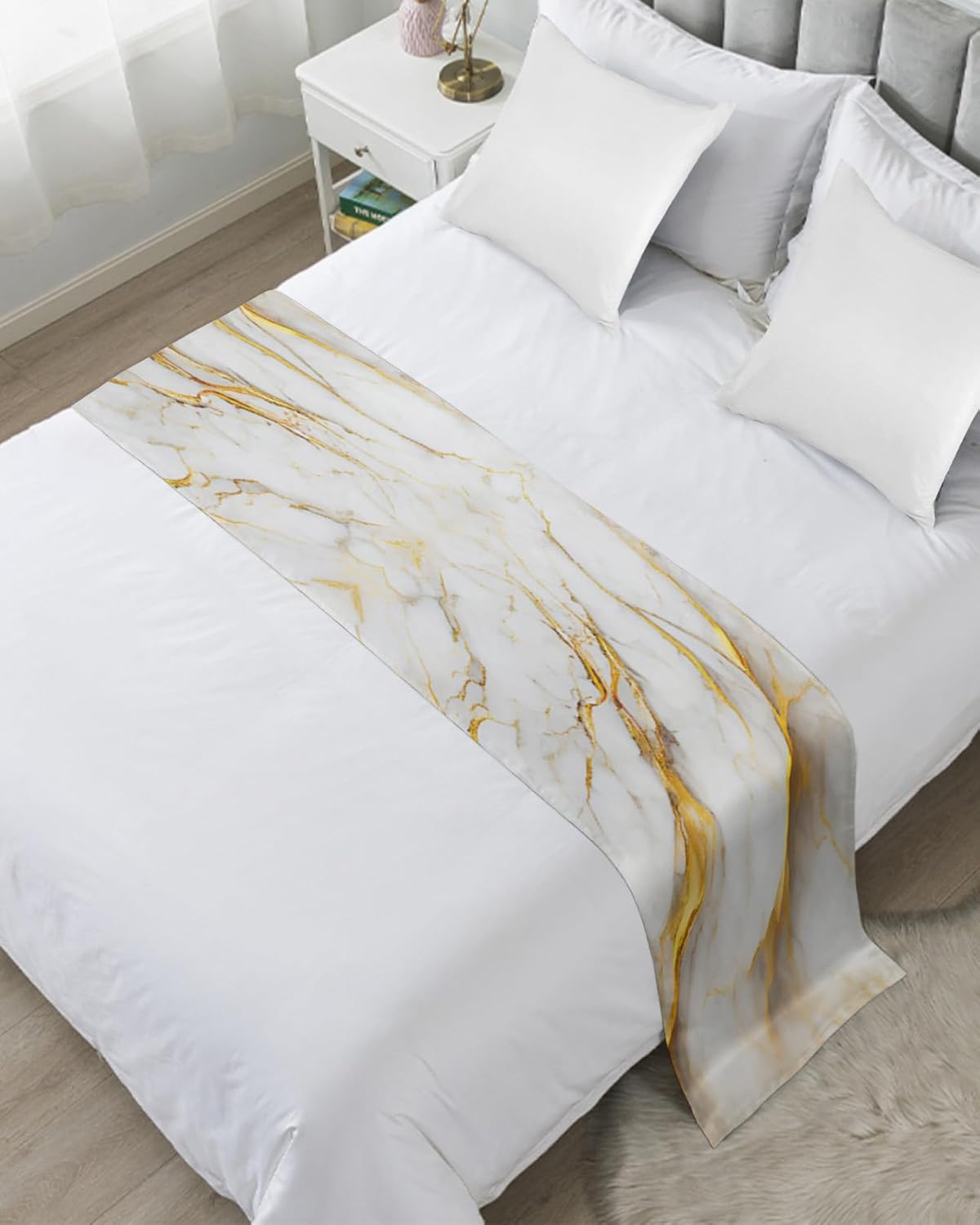 Yukro Bed Runner Scarf - Marble White Grey Golden Abstract Art Texture