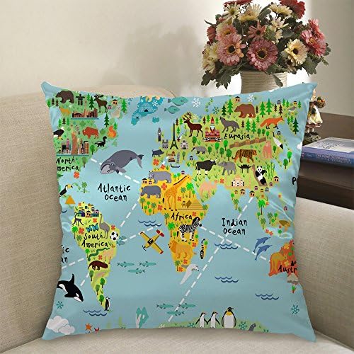 World Map Sateen Pillow Cover 18x18 Cartoon Animal Design