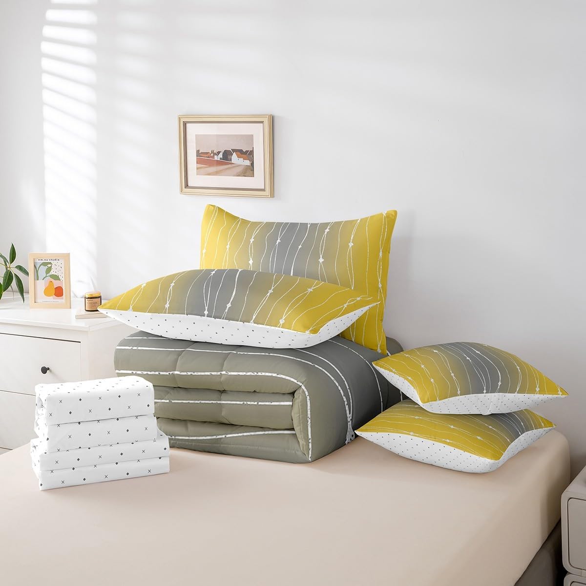 Yellow Grey Ombre Comforter Set 7pcs Full Size