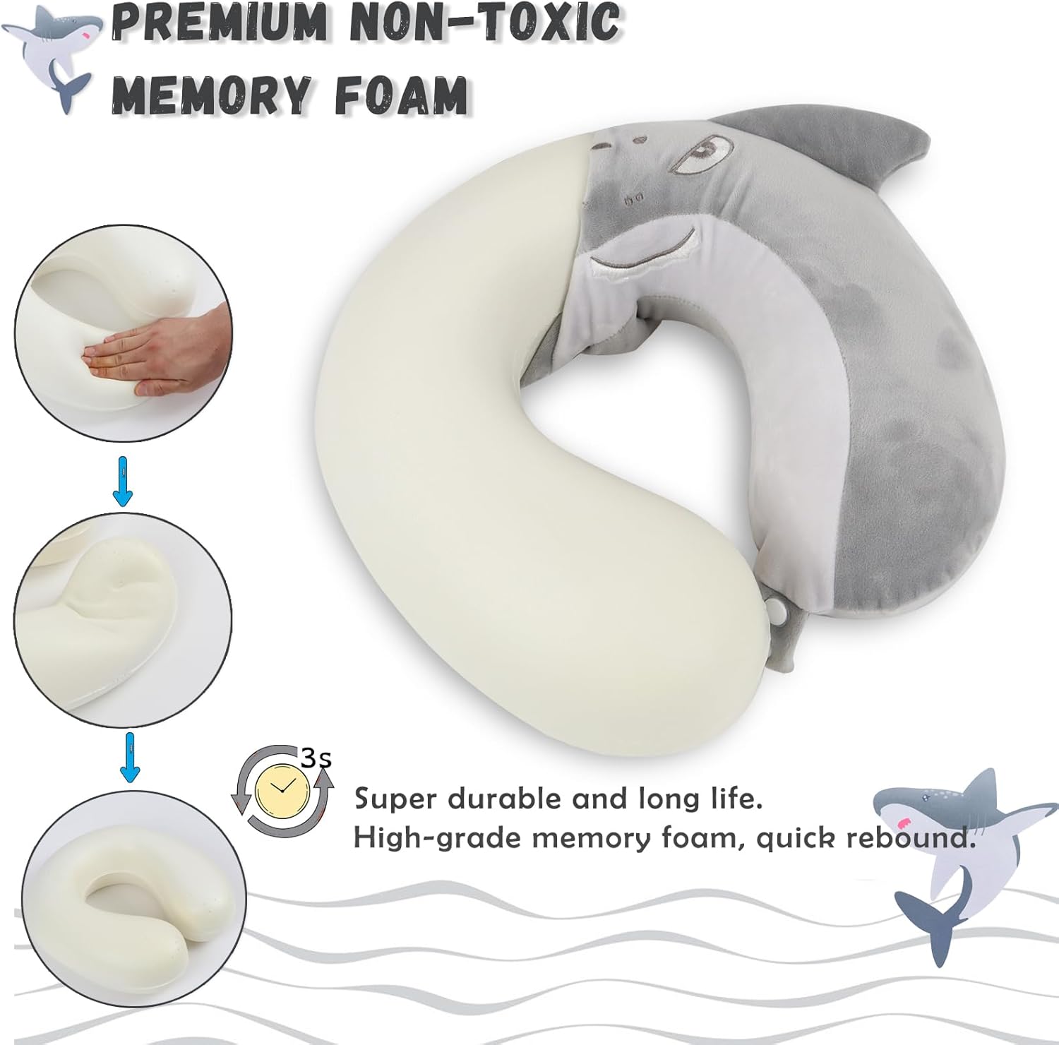 Shark Travel Pillow Kids with Eye Mask Memory Foam