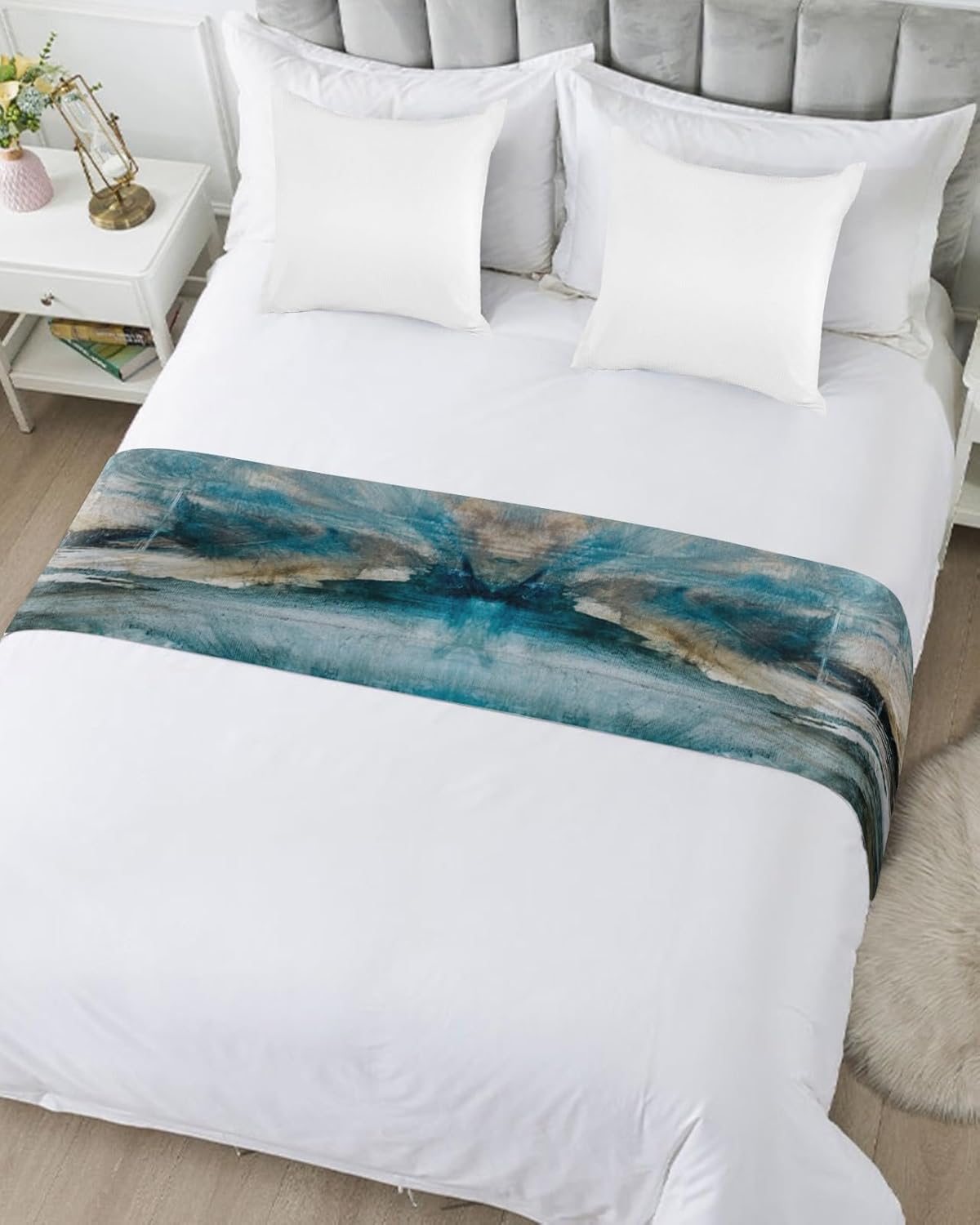 ZFUNCING Abstract Mottled Turquoise Green Gray Bed Runner Scarf