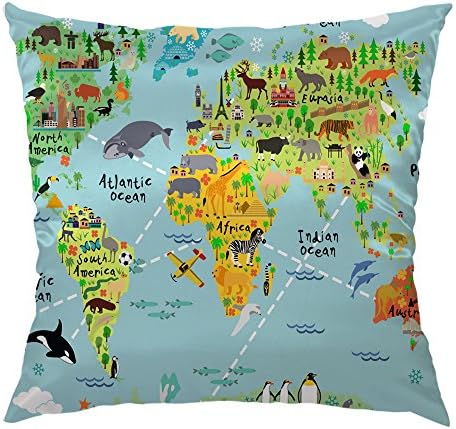 World Map Sateen Pillow Cover 18x18 Cartoon Animal Design