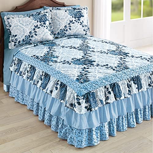 Collections Etc Tiered Ruffled Navy Rose Floral Bedspread for Full Bed