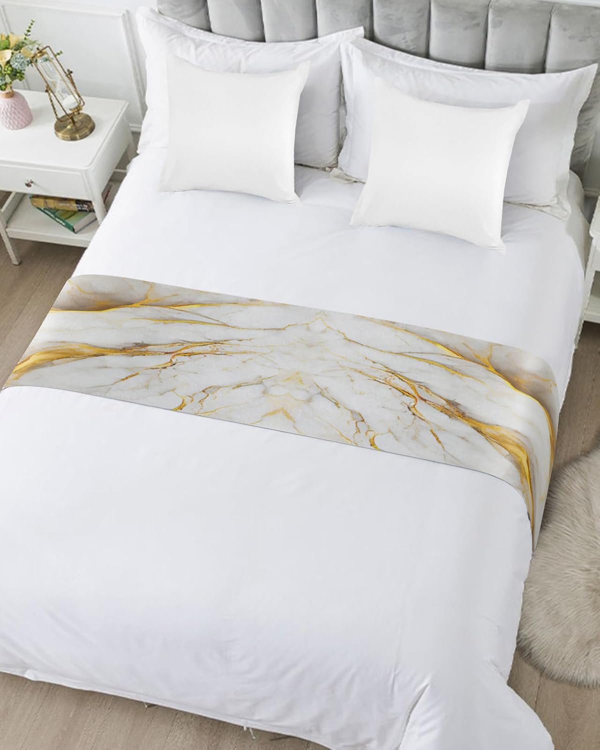 Yukro Bed Runner Scarf - Marble White Grey Golden Abstract Art Texture