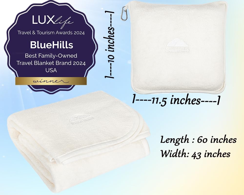 BlueHills Soft Plush Travel Blanket Pillow with Backpack Clip 1