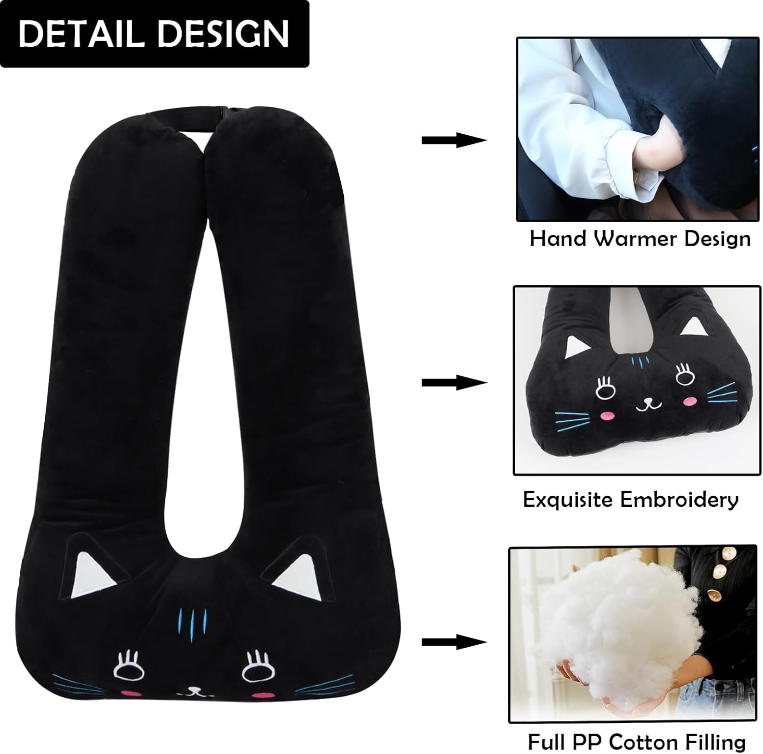 Kids Car Travel Pillow with Hand Muff and Black Cat Design