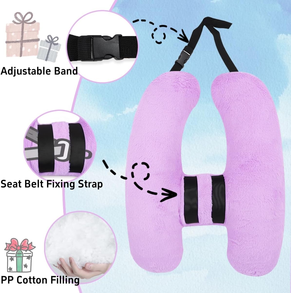 Soft Plush Car Pillow with Neck Support Purple