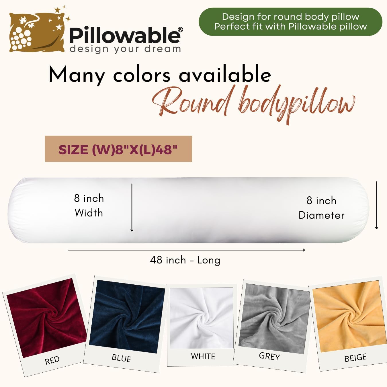 Soft Velvet 48x8 Round Body Pillow Cover - Full Zipper - Red