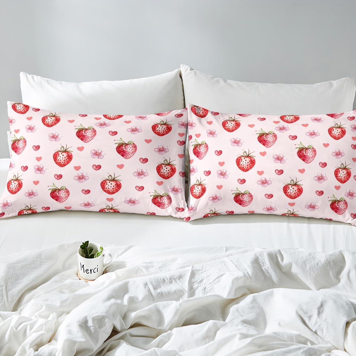 Jejeloiu Strawberry Bed Sheet Set King Size Kawaii