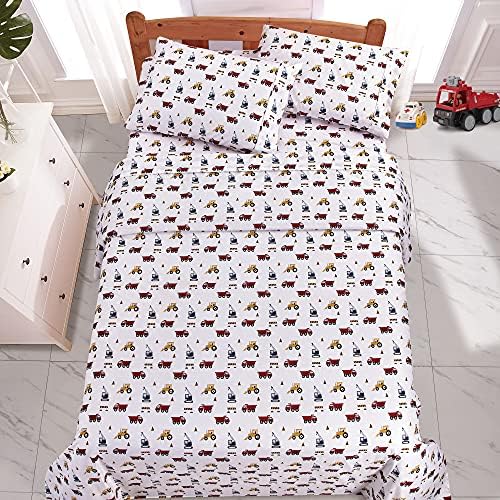 Viviland 4-Piece Boys Truck Bed Sheet Set - White Microfiber