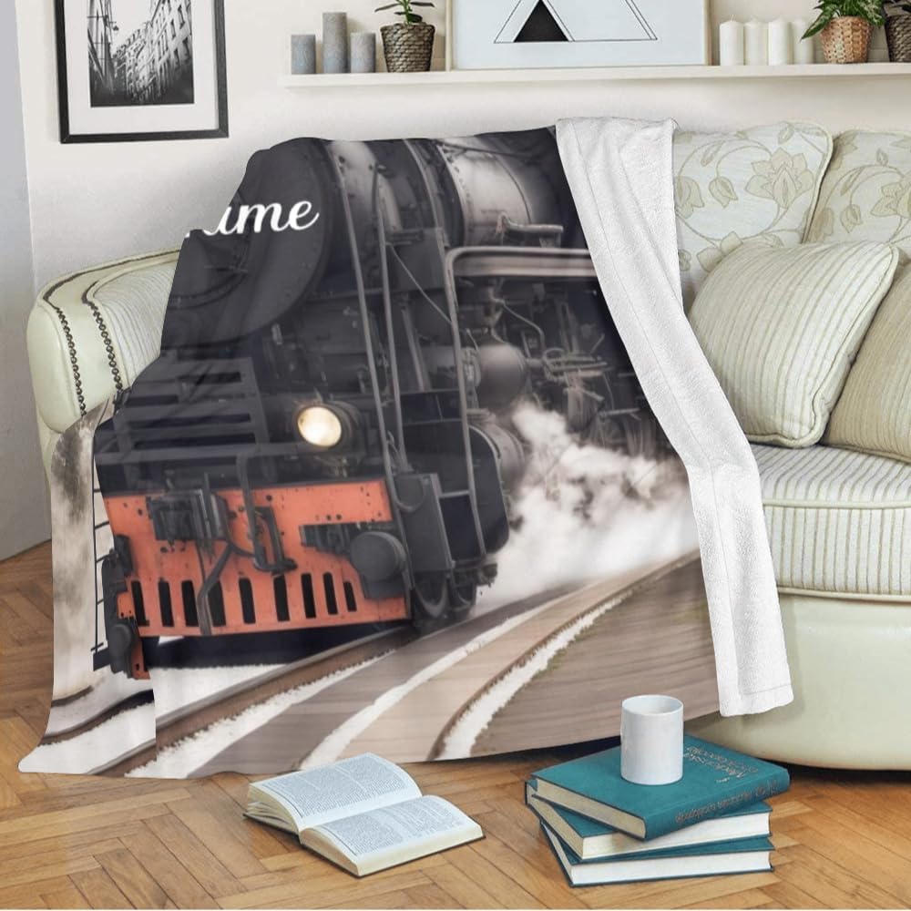 Custom Blanket with Name Text Personalized Retro Steam Train Fleece Throw