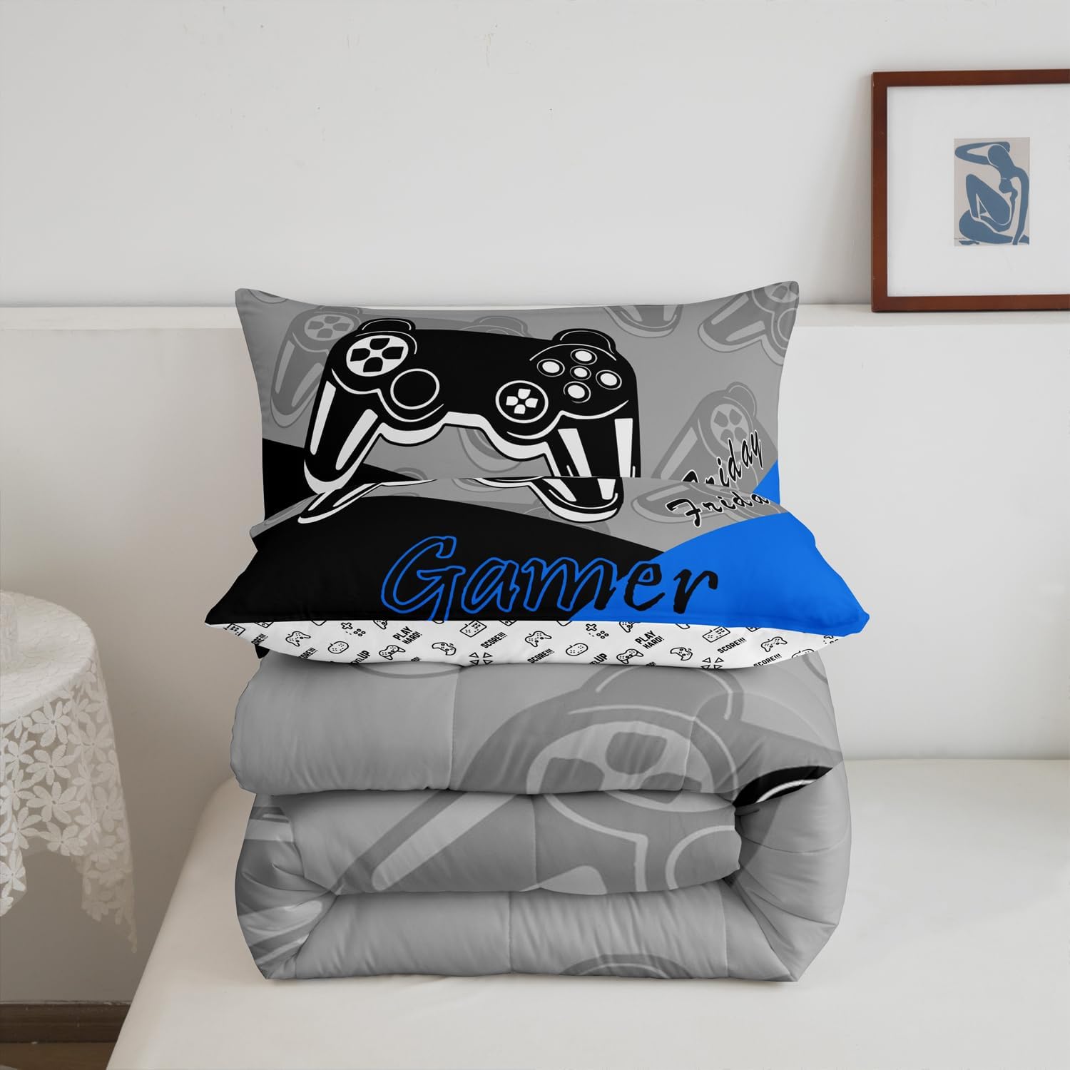 Feelyou Gaming Comforter Set Twin Size Blue Black Grey