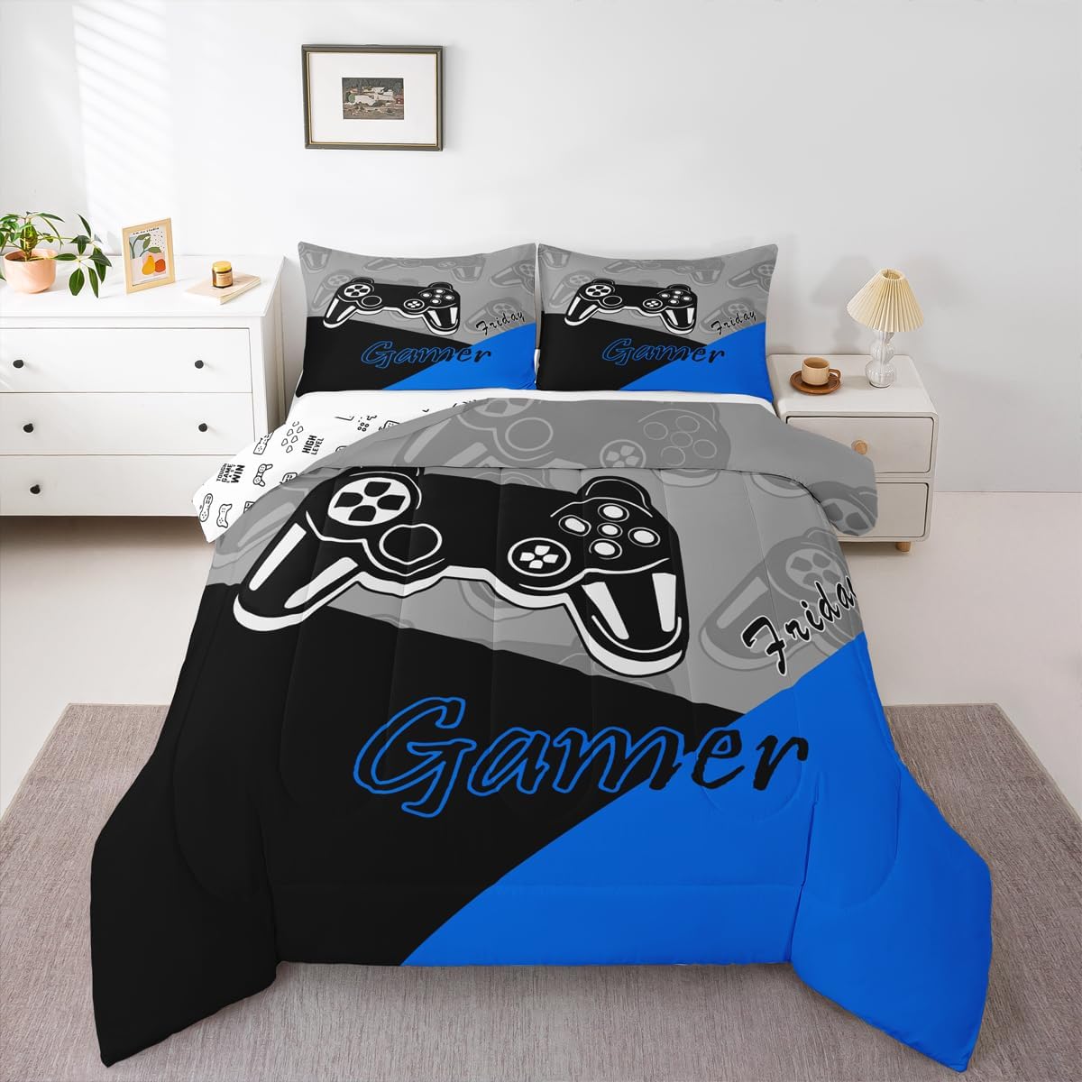 Feelyou Gaming Comforter Set Twin Size Blue Black Grey