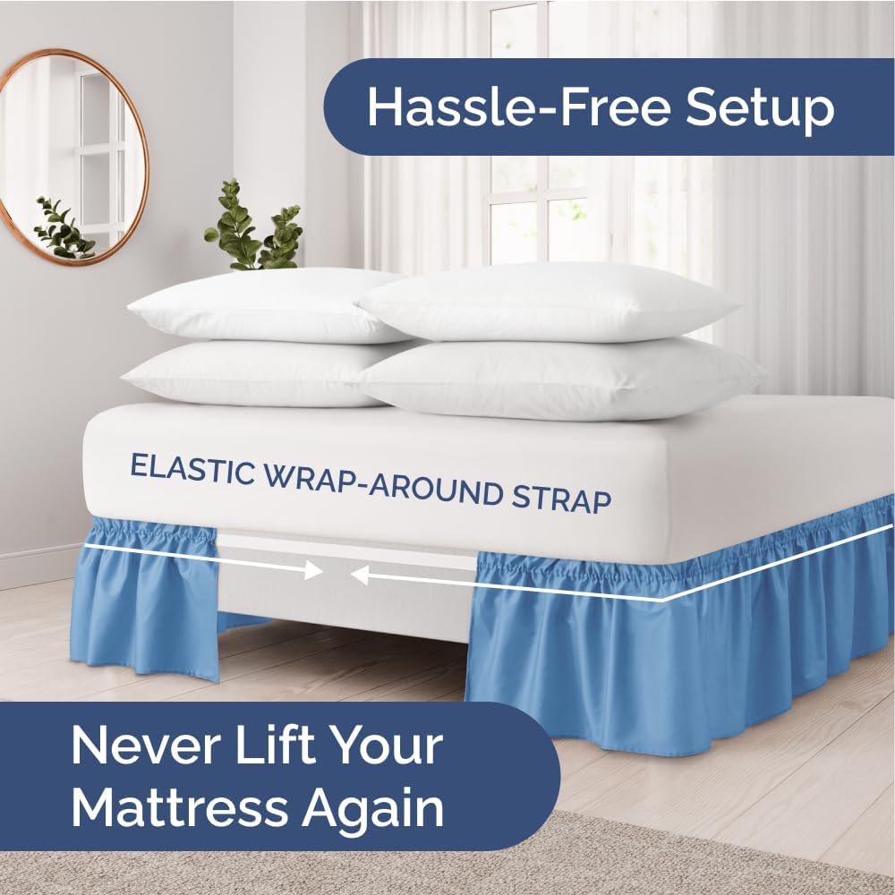 Wrap Around Dust Ruffle Bed Skirt 2 Pillowcases Bundle in Denim Blue