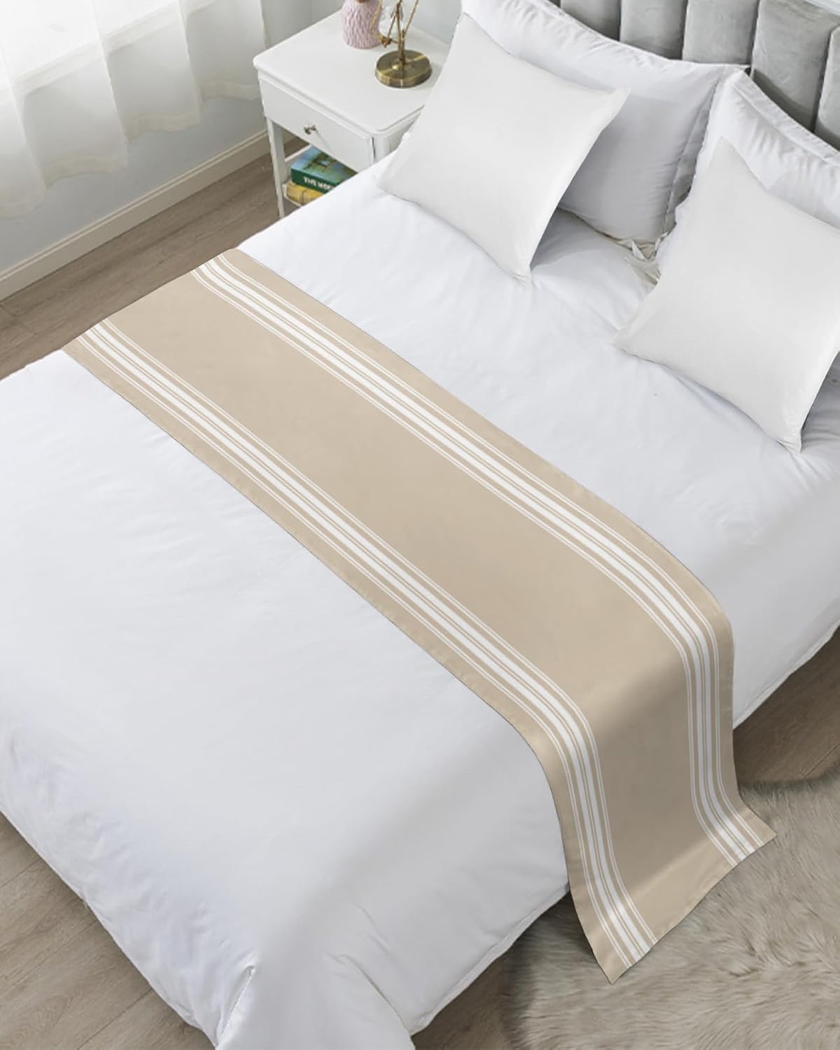 Ldtrchee Cal King Bed Runner Beige Striped Satin Scarf Throws