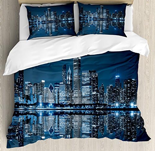 Ambesonne Chicago Skyline Duvet Cover Set King Size Dark Blue