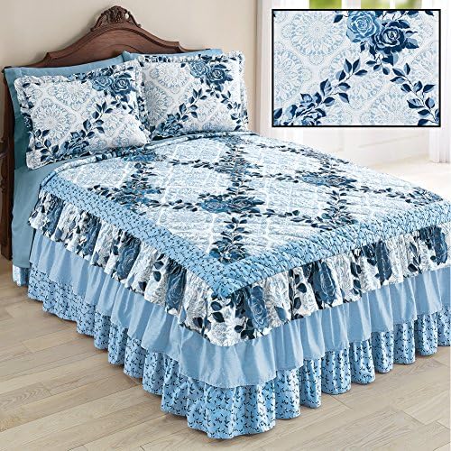 Collections Etc Tiered Ruffled Navy Rose Floral Bedspread for Full Bed