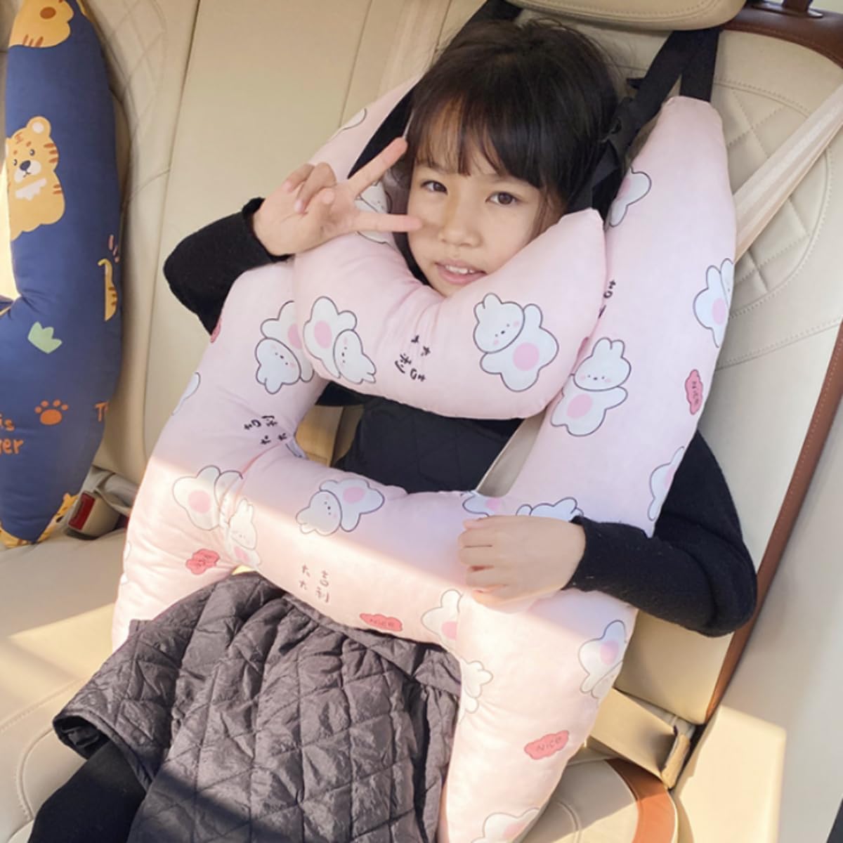 Kids Cute Cartoon Travel Pillow with Head Support Pink Rabbit