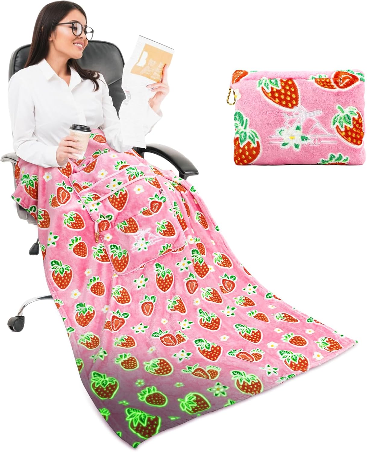 Glow in The Dark Strawberry Travel Blanket and Pillow Set