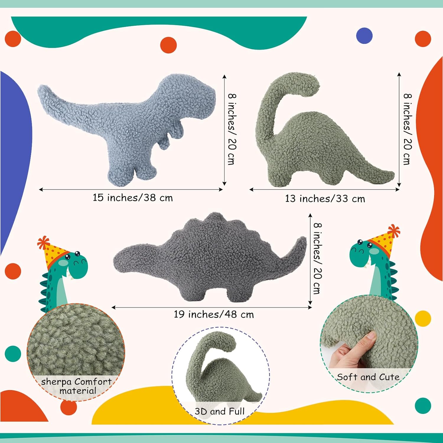 Shellwei 3 Pcs Dinosaur Throw Pillows for Kids 1