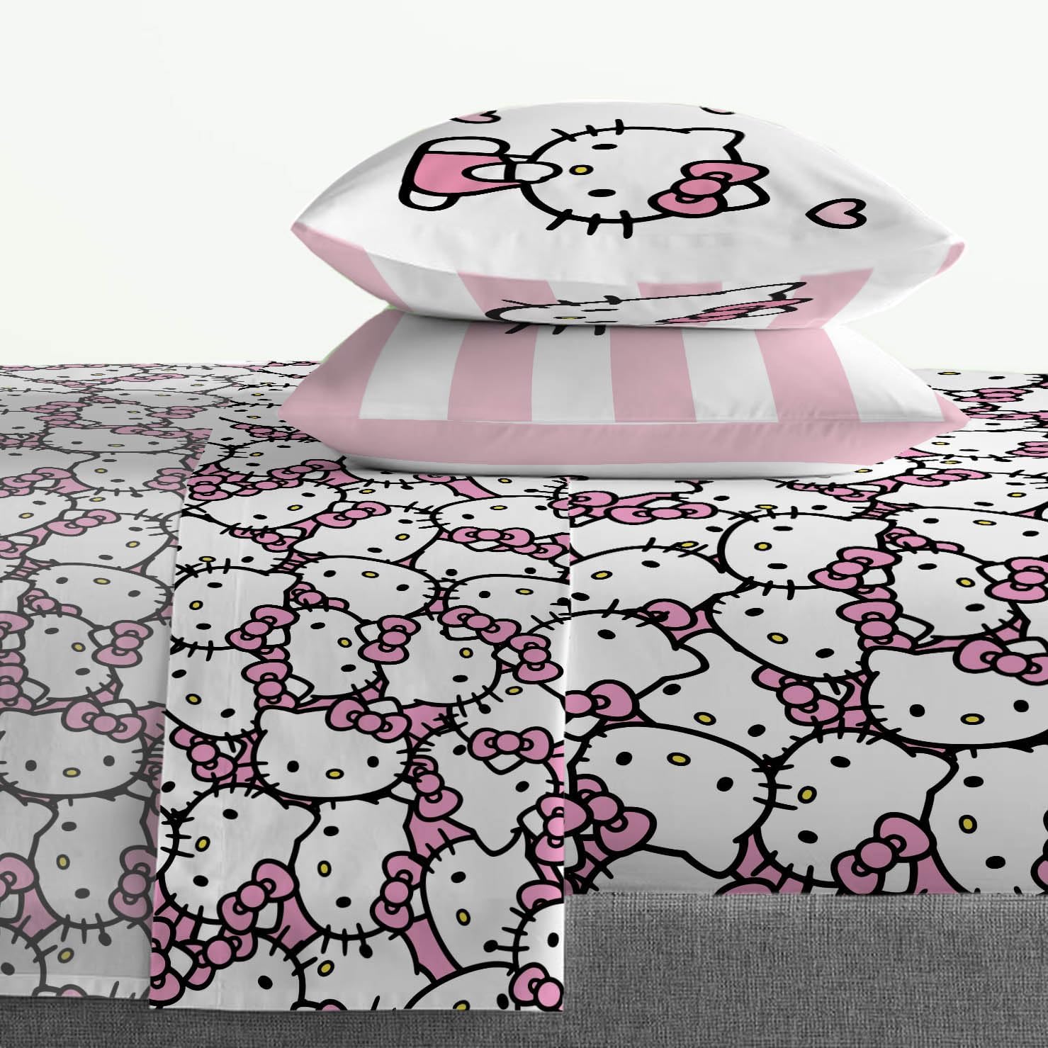 Jay Franco Hello Kitty Pink Stripes Hearts Sheet Set - 4 Piece Microfiber Bedding