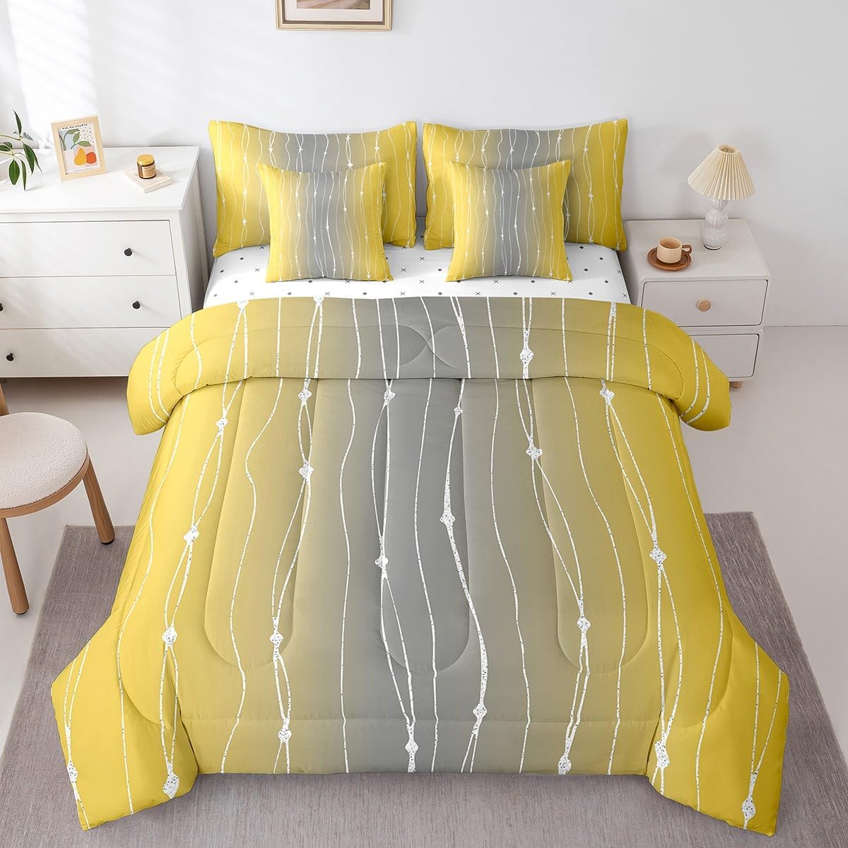 Yellow Grey Ombre Comforter Set 7pcs Full Size
