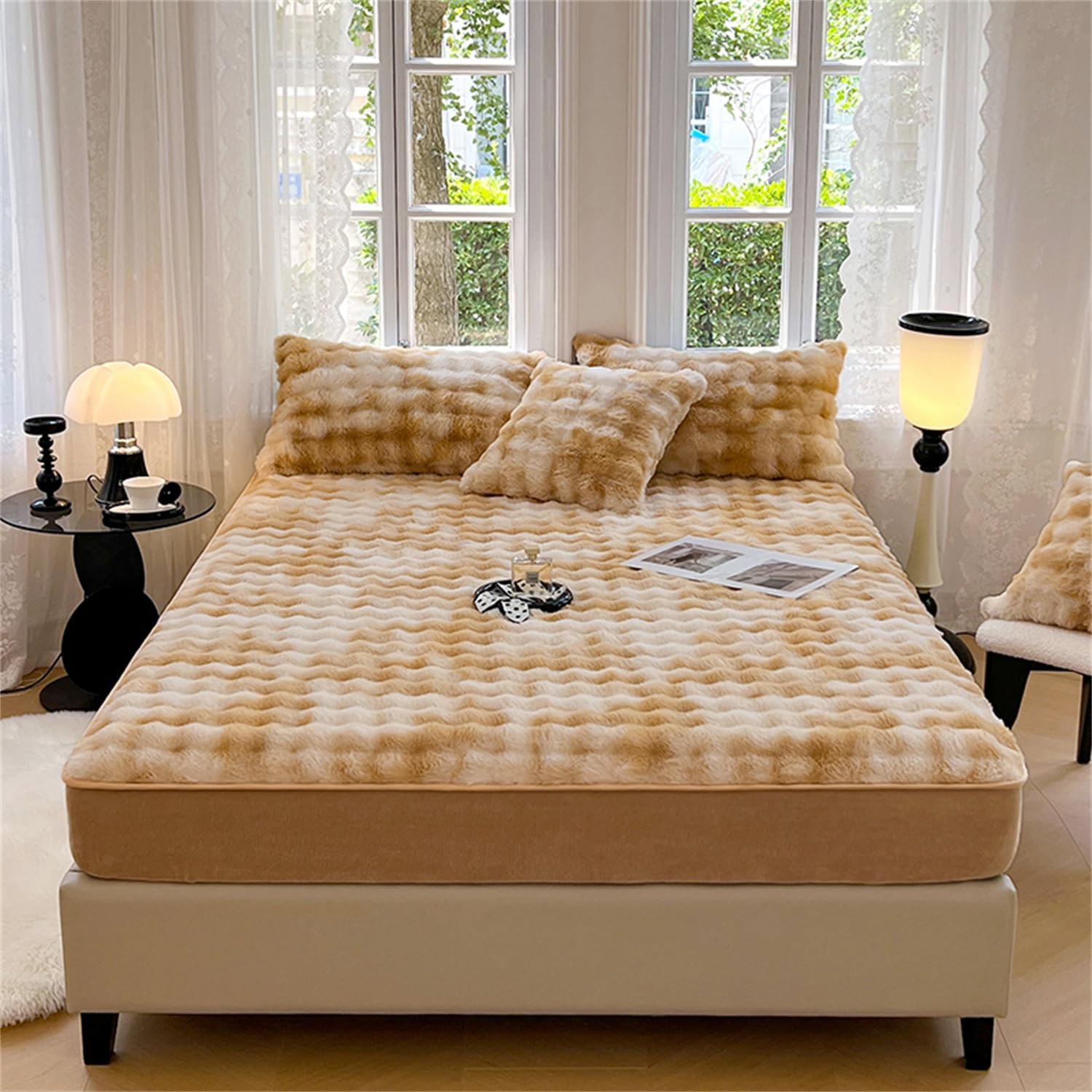 Velvet Fitted Mattress Protector 6-18 Inch Deep Khaki King