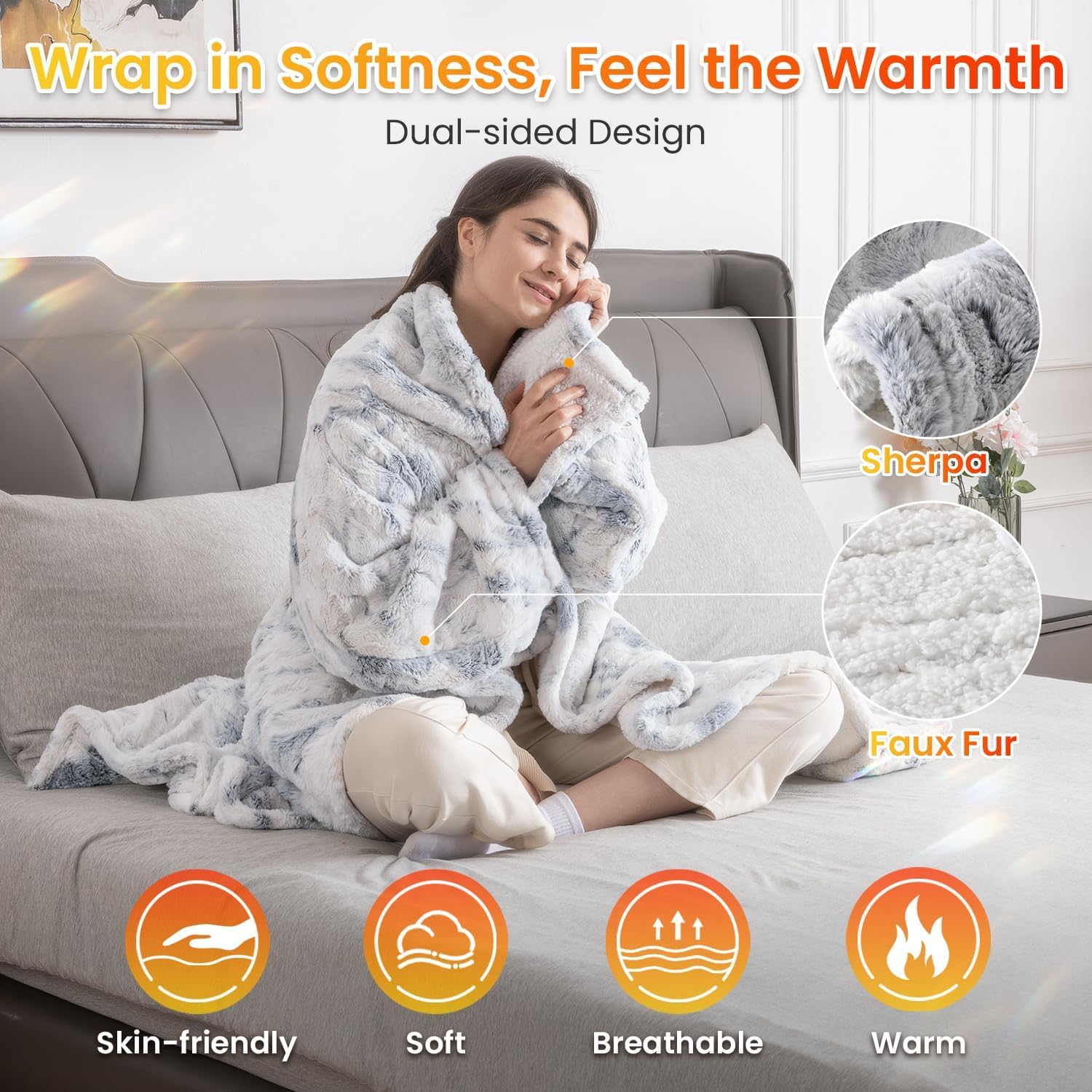 WOOMER Wearable Electric Blanket 50x70 with Faux Fur and Sherpa