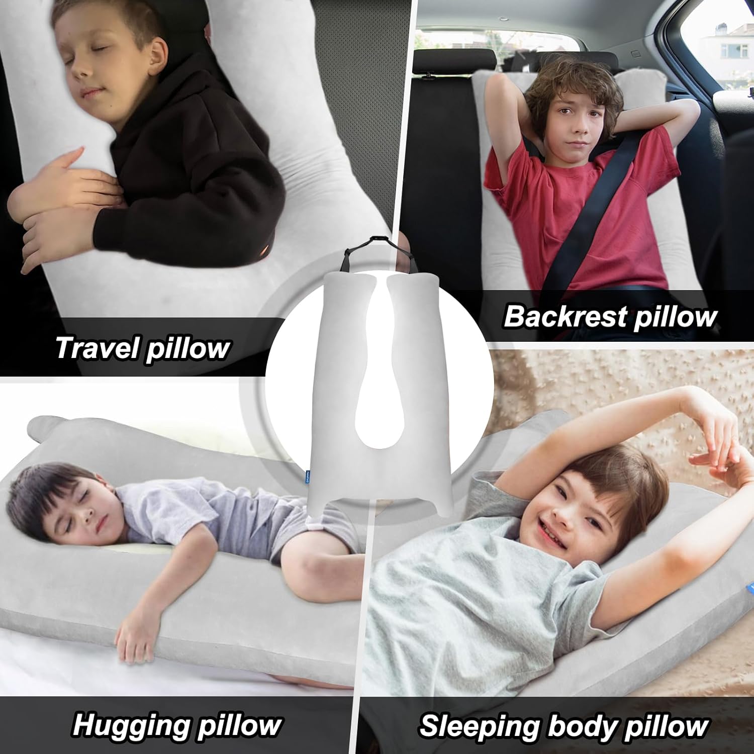 Kids Car Pillow for Travel - Crash-Safe Breathable Support Grey 1