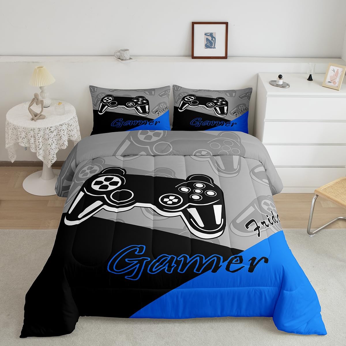Feelyou Gaming Comforter Set Twin Size Blue Black Grey