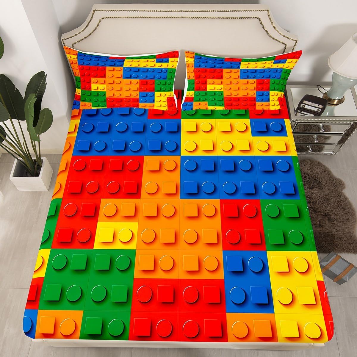 Erosebridal 3D Rainbow Bricks Bed Sheet Set