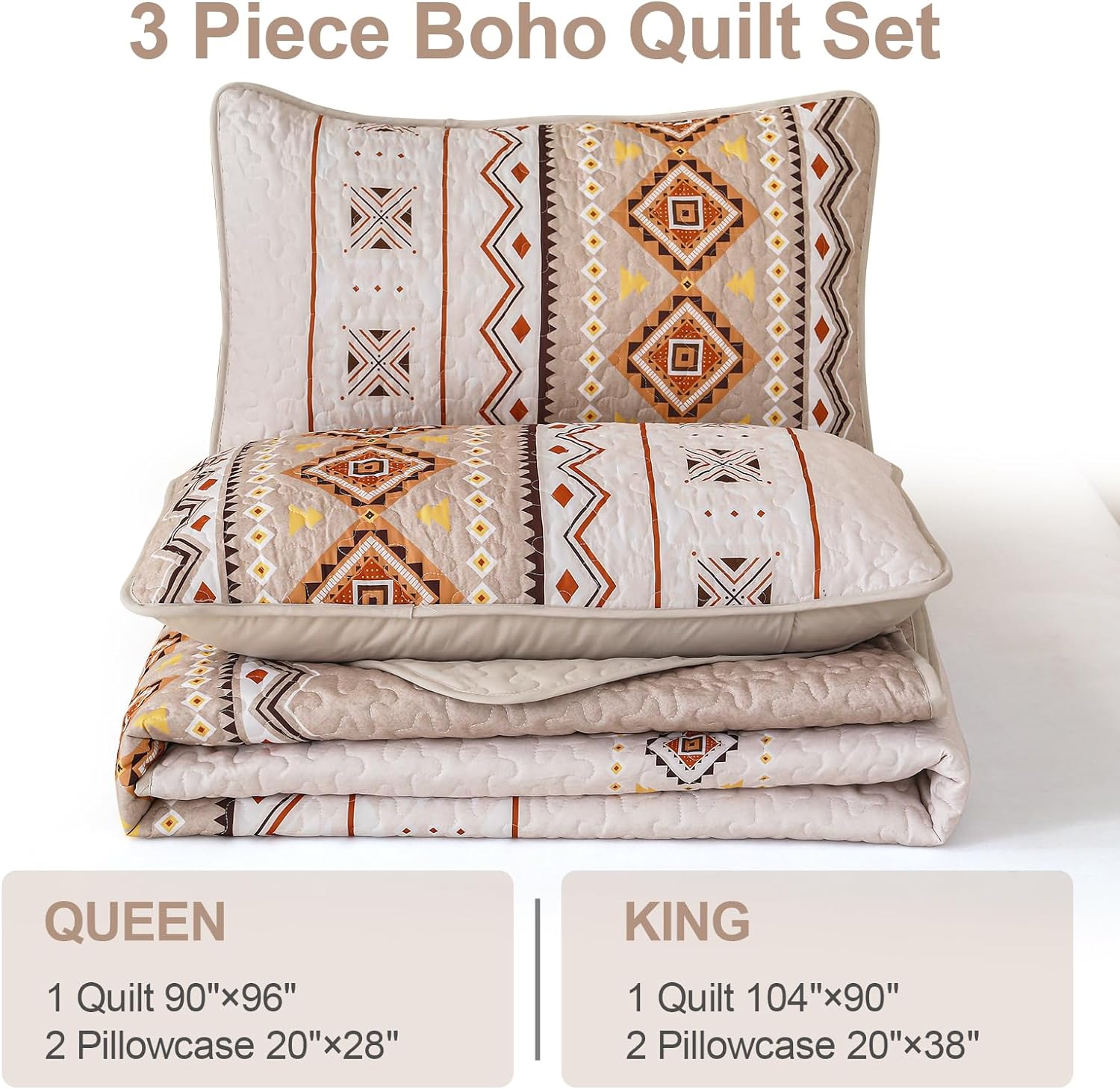 WONGS BEDDING Boho Beige Quilt Set King Size 1