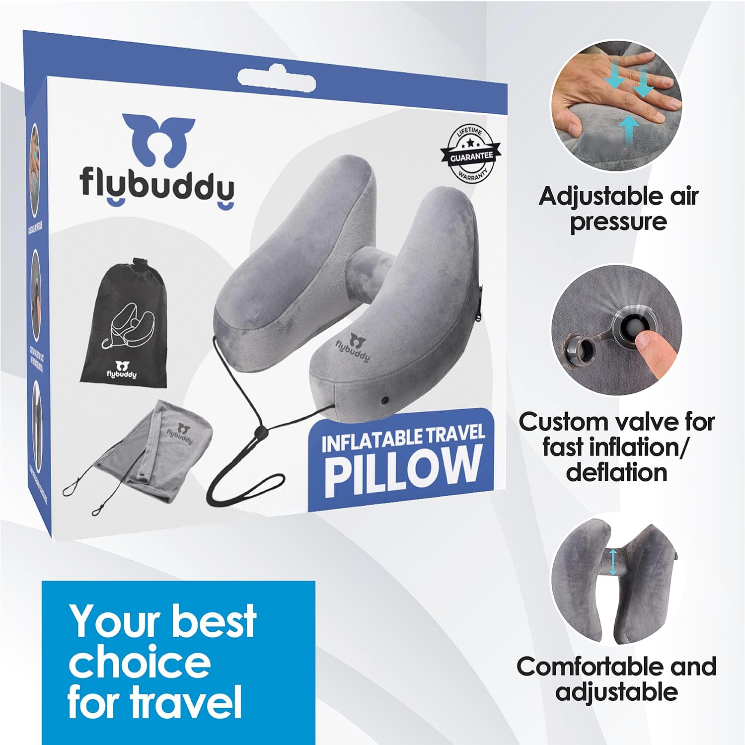 FlyBuddy Inflatable Neck Pillow for Traveling with Travel Bag and Hood - Grey