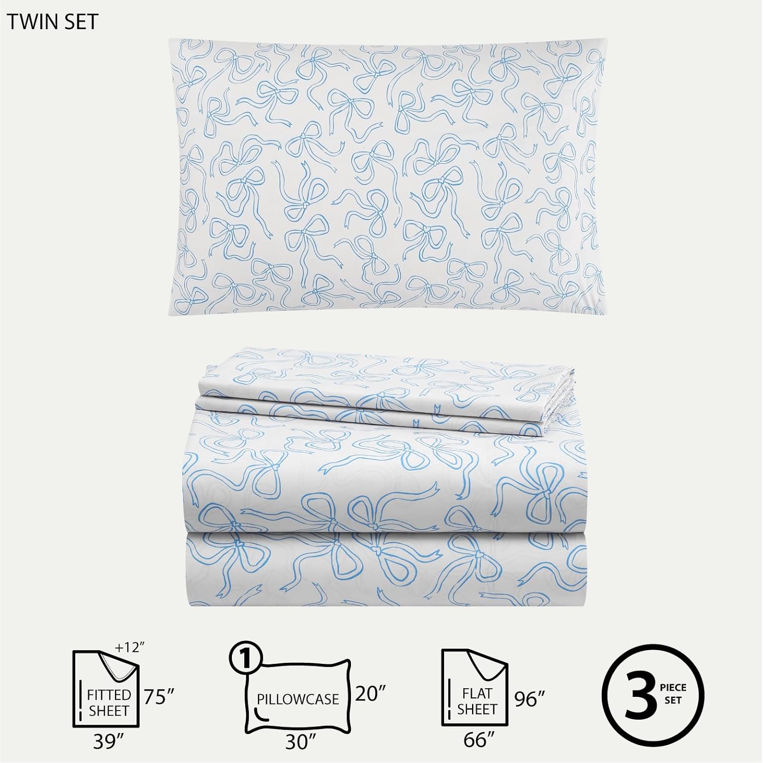 Urban Lifestyle 3-Piece Twin Sheet Set with Baby Blue Coquette Bow Design