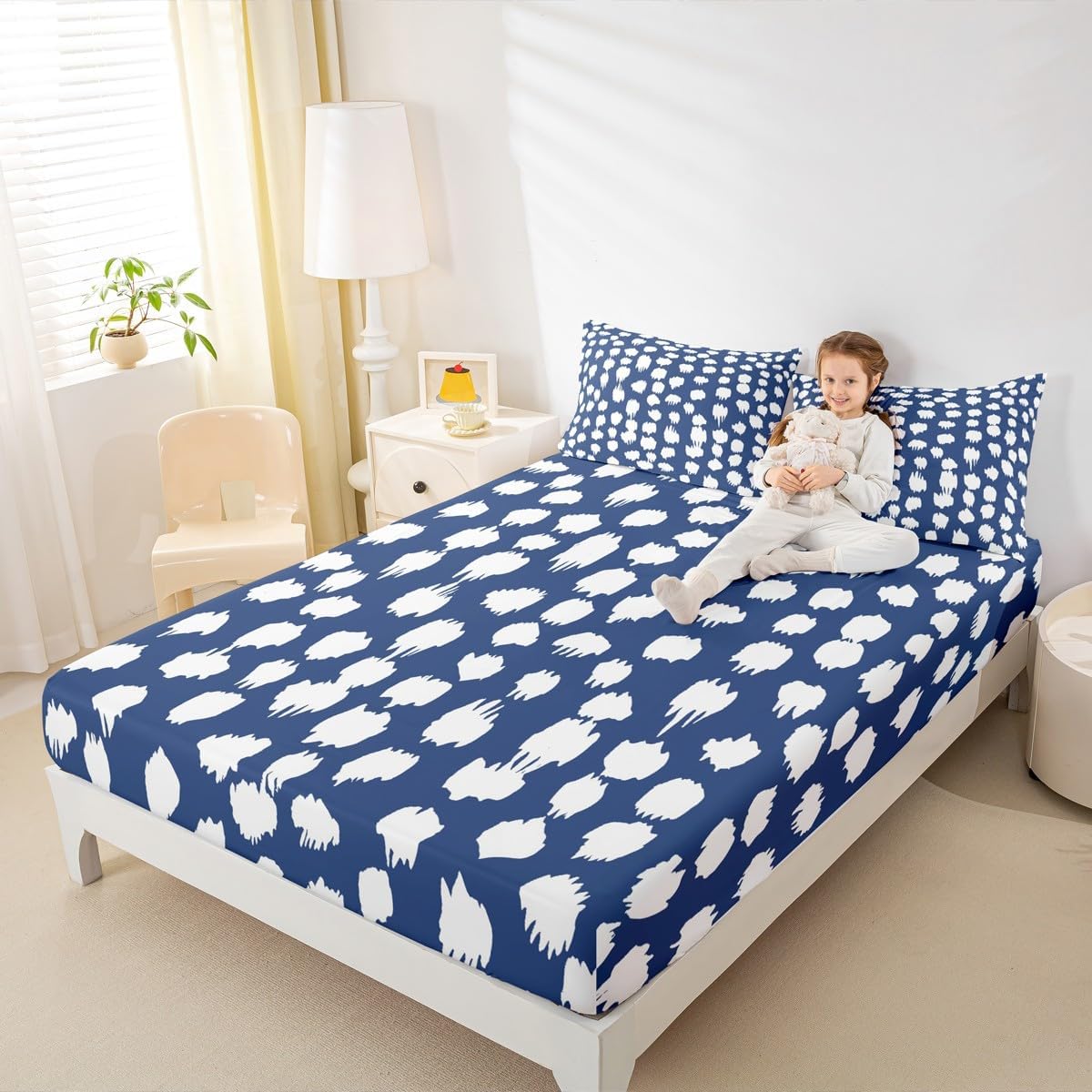 Erosebridal Navy Blue White Polka Dots King Sheet Set