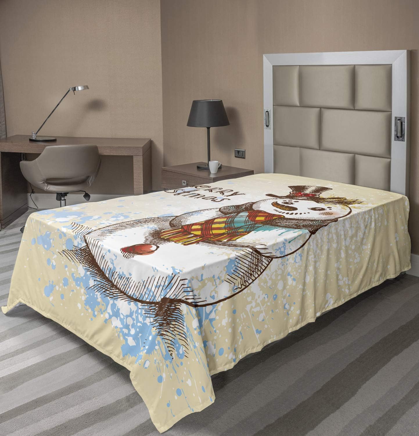 Ambesonne Snowman Flat Sheet TwinXL Size Cream Brown Blue