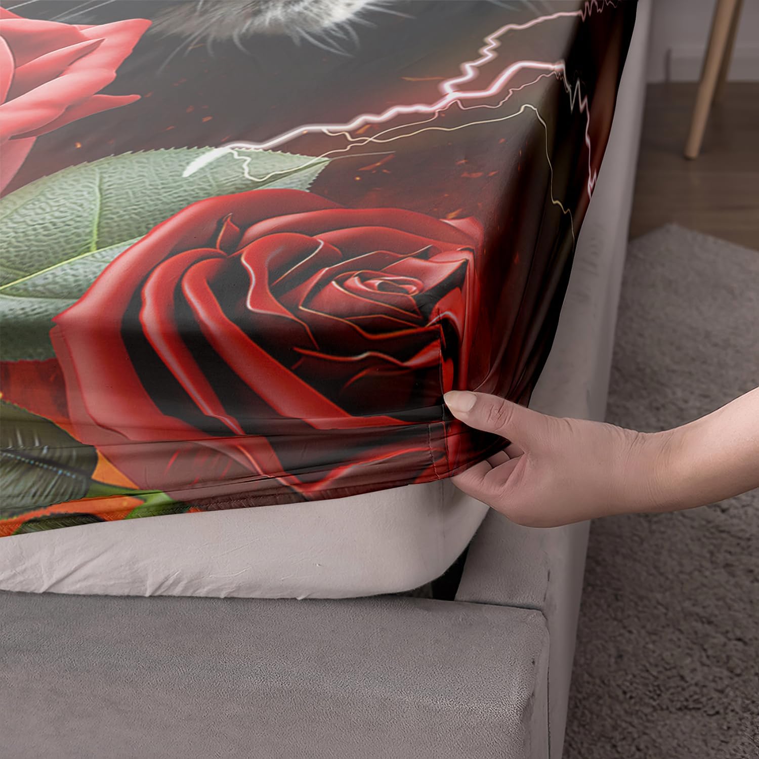 AILONEN Leopard Fitted Sheet Twin XL Set 3D Oil Red Rose Pattern 3PCS