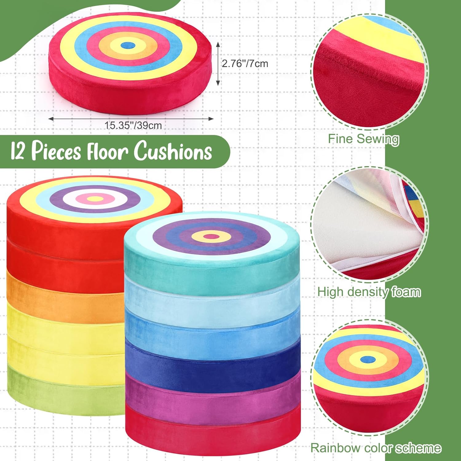 12 Pcs Rainbow Round Floor Cushions for Kids Classroom