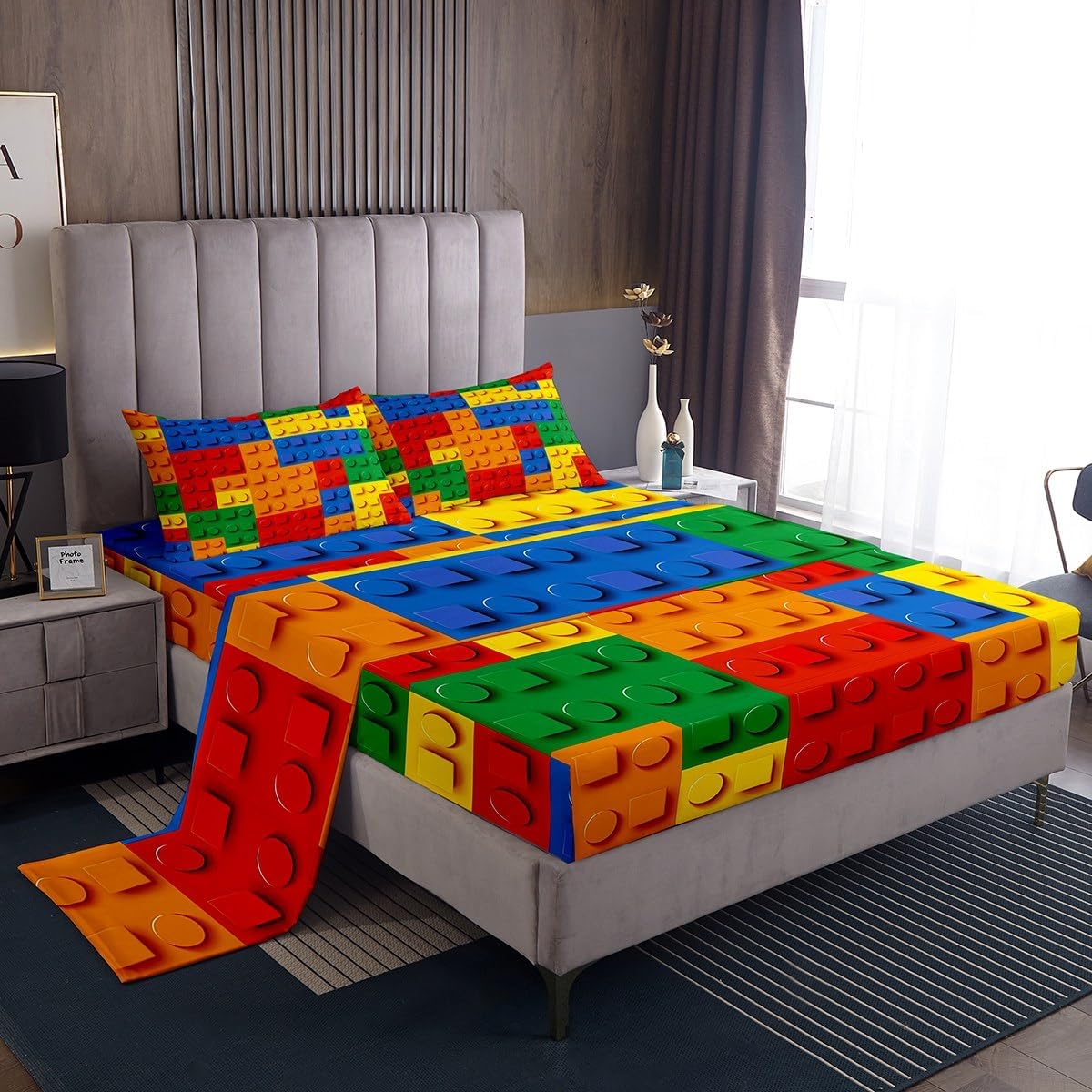 Erosebridal 3D Rainbow Bricks Bed Sheet Set
