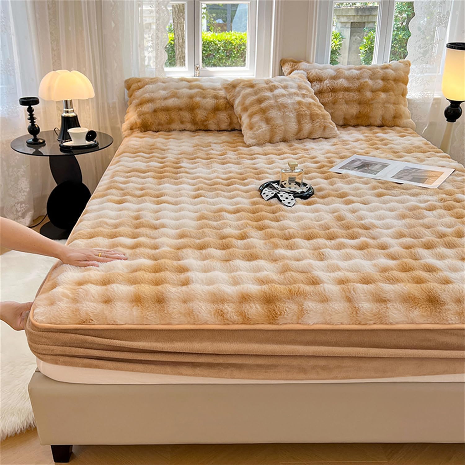 Velvet Fitted Mattress Protector 6-18 Inch Deep Khaki King