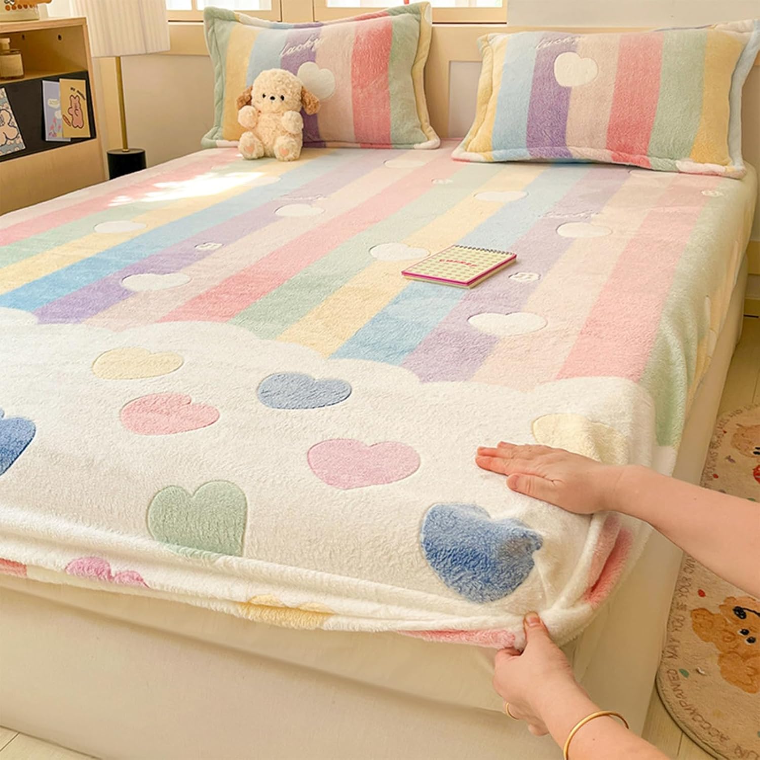 MorroMorn Fleece Fitted Sheet Twin XL Pink Kawaii Cute