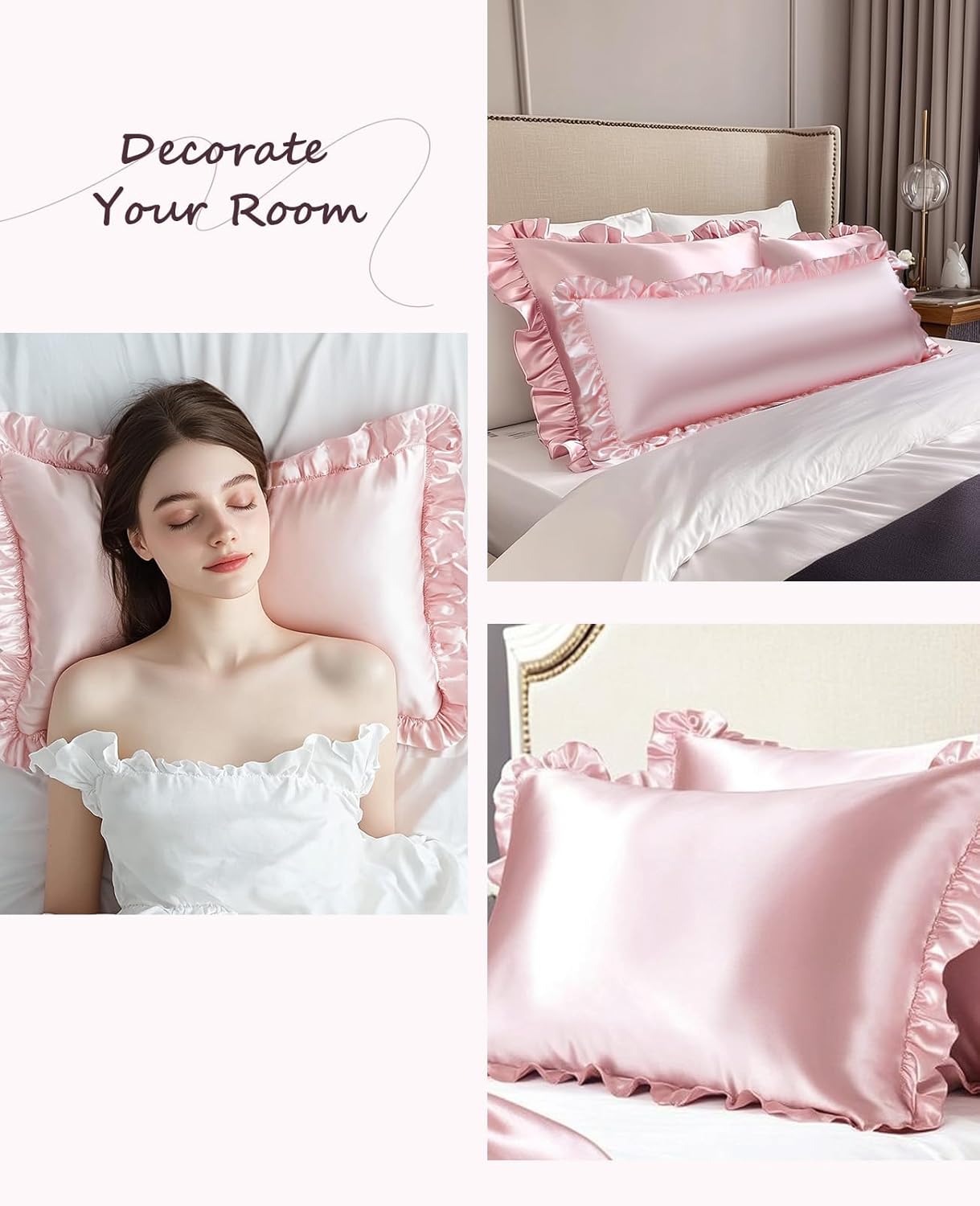 Ruffle Satin Pillowcase for Hair Skin Blush Pink 20x54 Inches