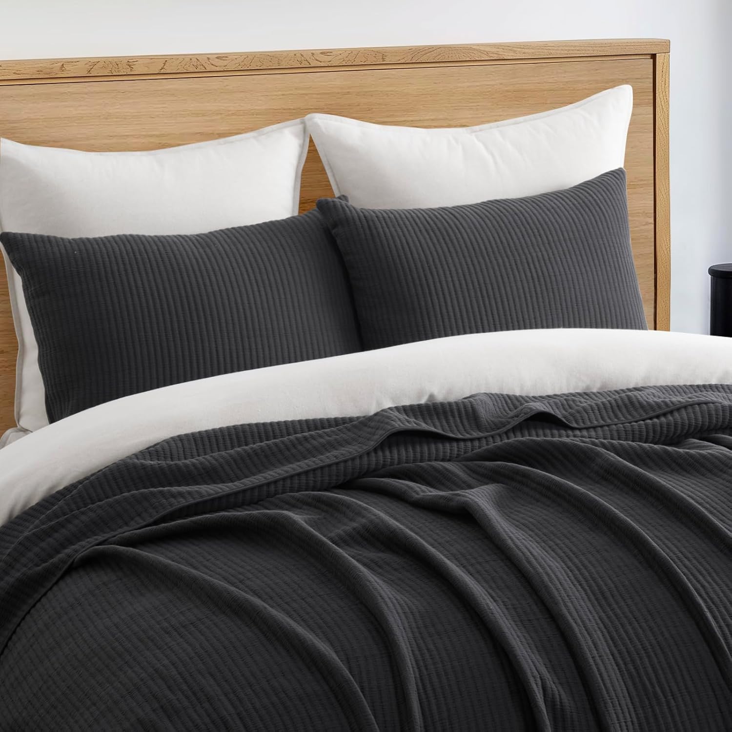 EVERGRACEHOME Cotton Coverlet Set King 3 Pieces Washed Black