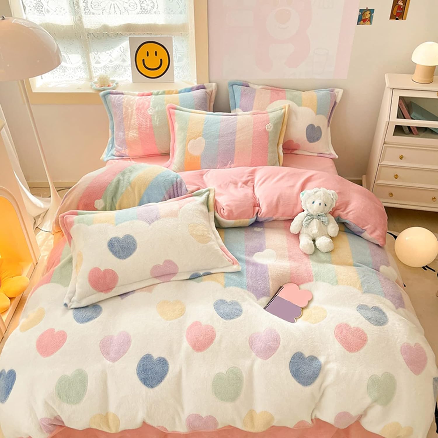 MorroMorn Pink Rainbow Duvet Cover Set for Girls Kids
