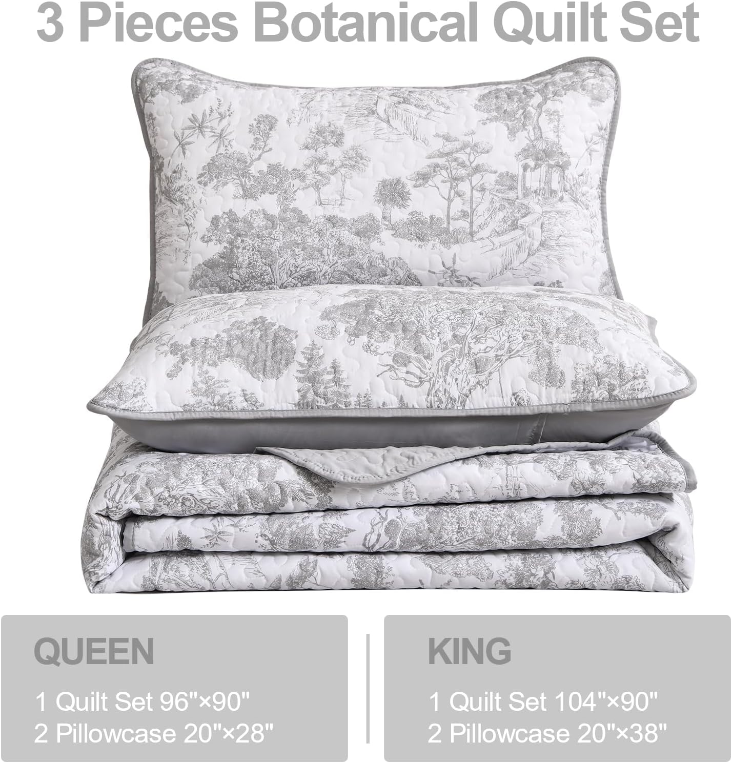 WONGS BEDDING Grey Reversible Quilt Set 3 Piece Full Size