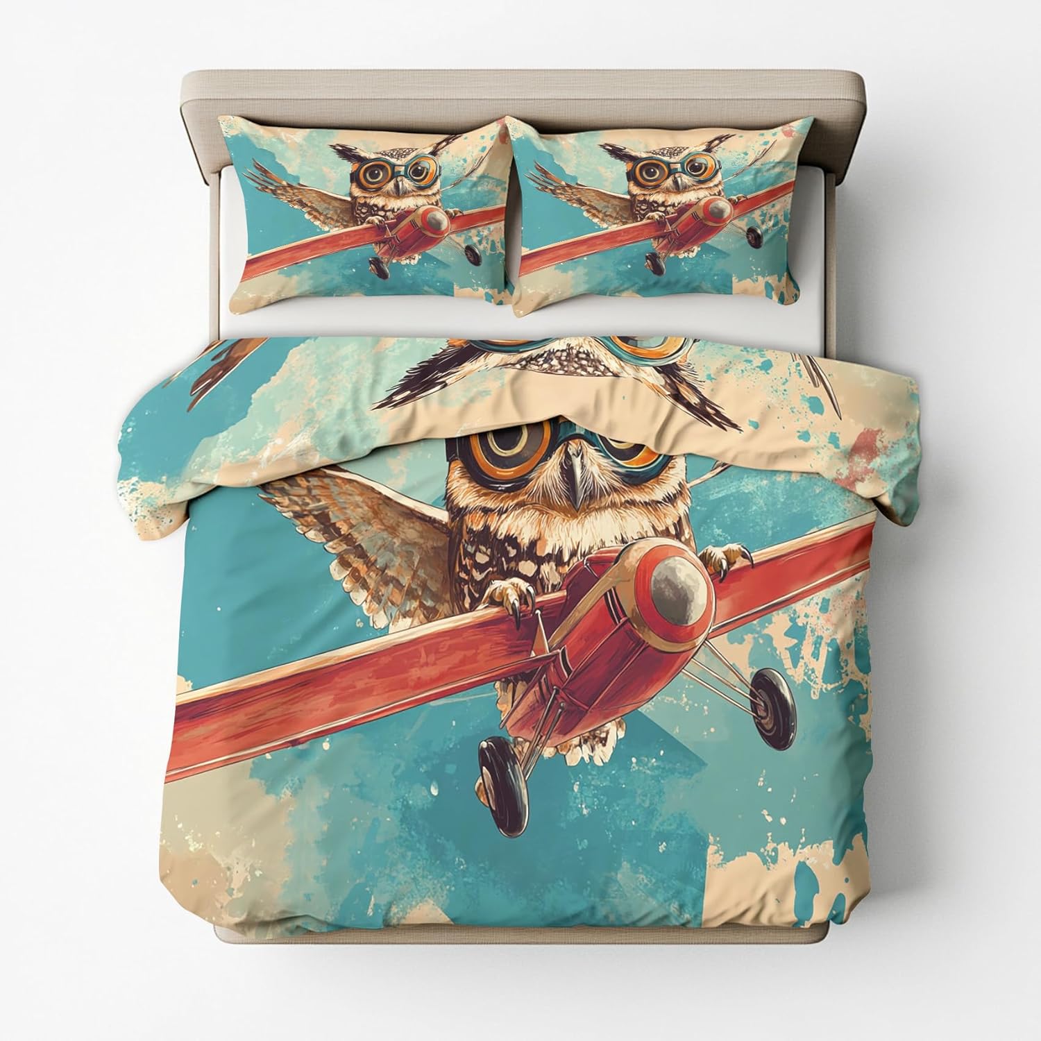 Twin Duvet Cover Owl - Airplane Cartoon Kids Pattern Bedding Set 3 Piece