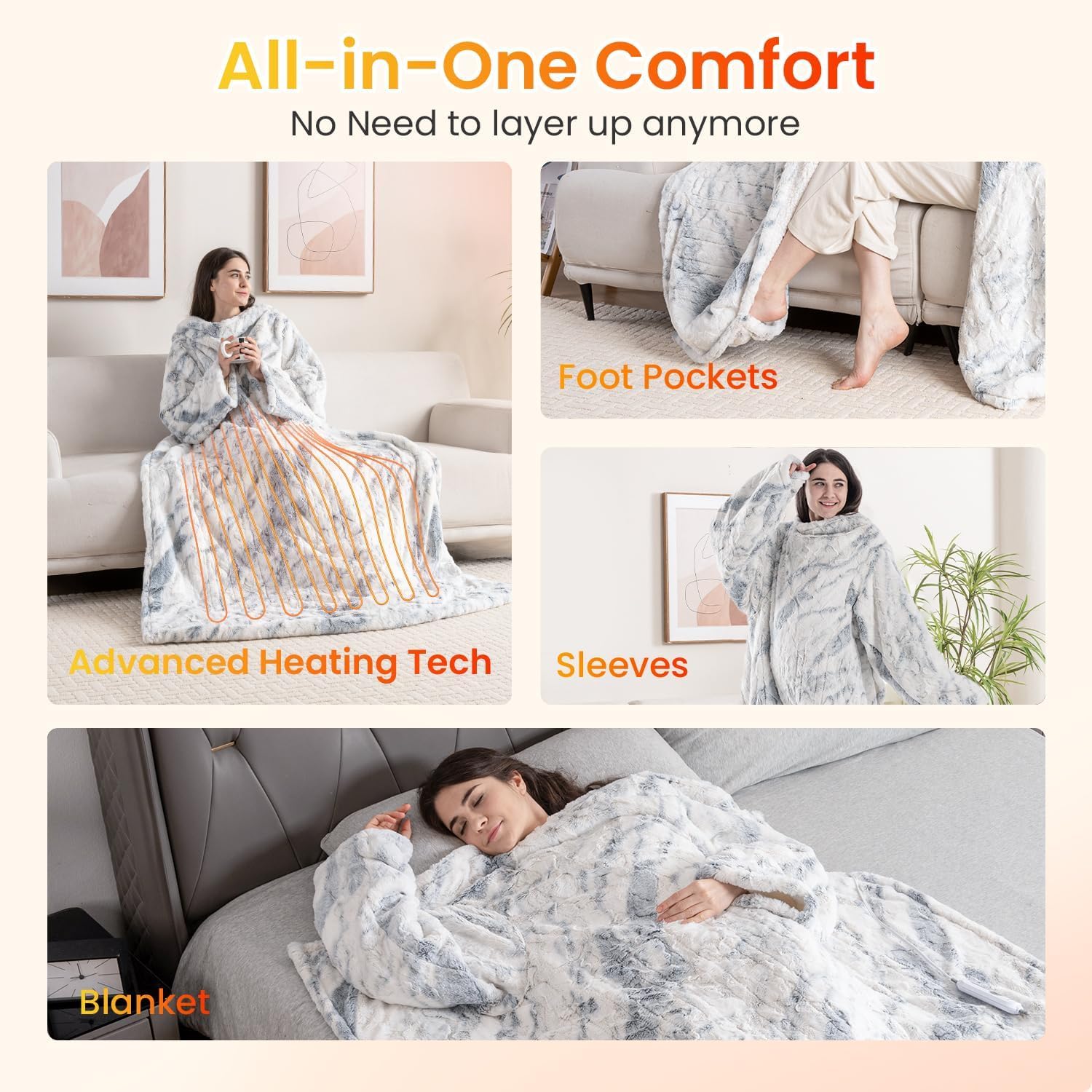 WOOMER Wearable Electric Blanket 50x70 with Faux Fur and Sherpa
